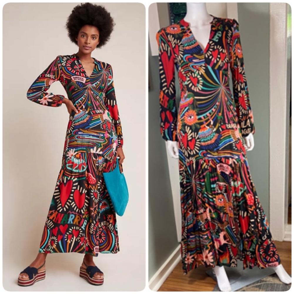 FARM Rio Baleares Vibrant Multicolor Long Sleeve Maxi Dress Rainbow Colorful S